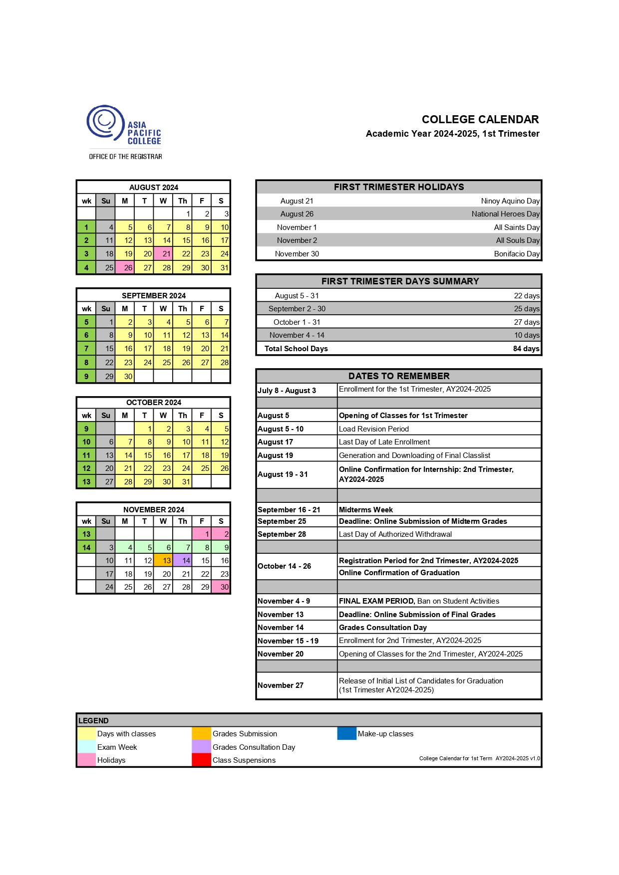 Calendar | Asia Pacific College